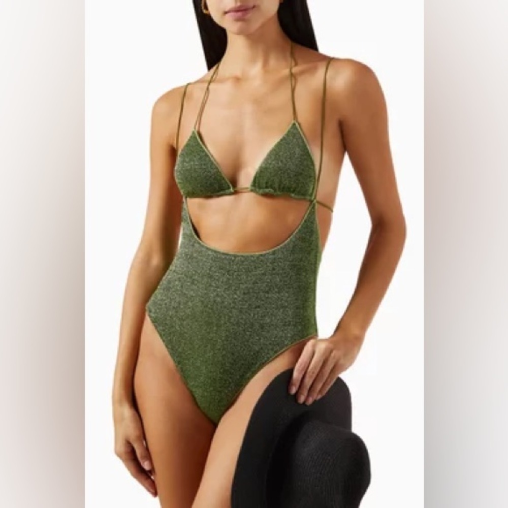Oseree Lumiere Kini Maillot Cut Out One Piece Glittery Retro Swimsuit In Green - Picture 5 of 6